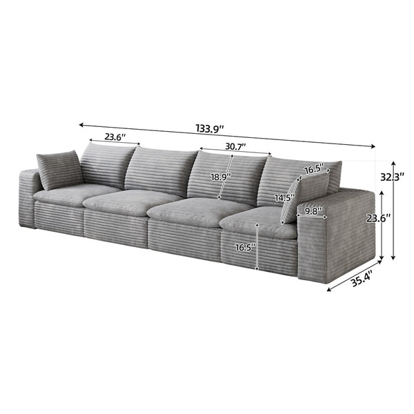 English Elm 134" Cloud Modular Sofa Corduroy Upholstered Deep Seat for Living Room or Lounge Grey W2824S00236