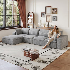English Elm 134 Inch Modular Cloud Sofa Corduroy Upholstery Deep Seat Plush Cotton Living Room Grey W2824S00237
