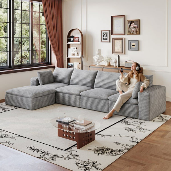 English Elm 134 Inch Modular Cloud Sofa Corduroy Upholstery Deep Seat Plush Cotton Living Room Grey W2824S00237