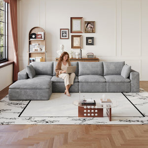 English Elm 134 Inch Modular Cloud Sofa Corduroy Upholstery Deep Seat Plush Cotton Living Room Grey W2824S00237
