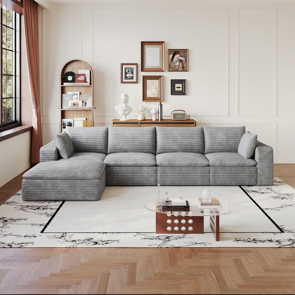 English Elm 134 Inch Modular Cloud Sofa Corduroy Upholstery Deep Seat Plush Cotton Living Room Grey W2824S00237