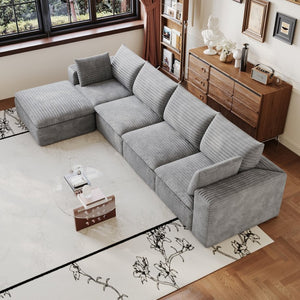 English Elm 134 Inch Modular Cloud Sofa Corduroy Upholstery Deep Seat Plush Cotton Living Room Grey W2824S00237