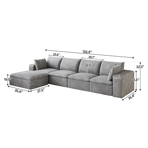 English Elm 134 Inch Modular Cloud Sofa Corduroy Upholstery Deep Seat Plush Cotton Living Room Grey W2824S00237