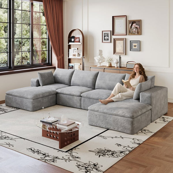 English Elm 134 Inch Modular Cloud Sofa Corduroy Upholstered Deep Seat Sectional for Living Room Grey W2824S00238