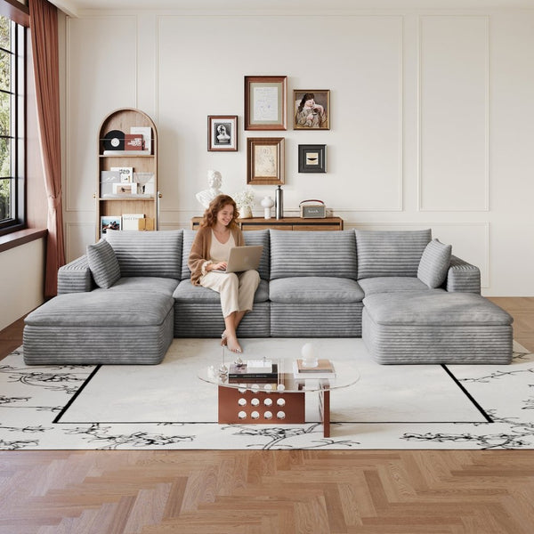 English Elm 134 Inch Modular Cloud Sofa Corduroy Upholstered Deep Seat Sectional for Living Room Grey W2824S00238