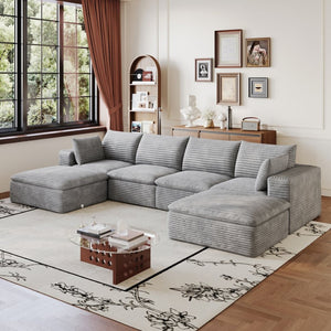 English Elm 134 Inch Modular Cloud Sofa Corduroy Upholstered Deep Seat Sectional for Living Room Grey W2824S00238