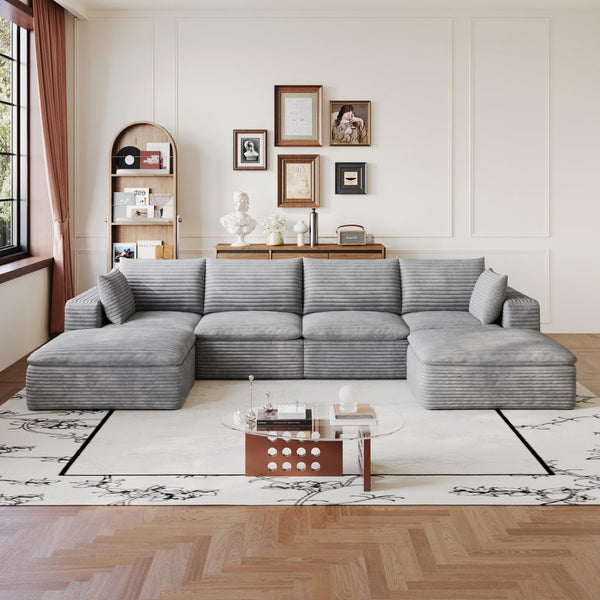 English Elm 134 Inch Modular Cloud Sofa Corduroy Upholstered Deep Seat Sectional for Living Room Grey W2824S00238