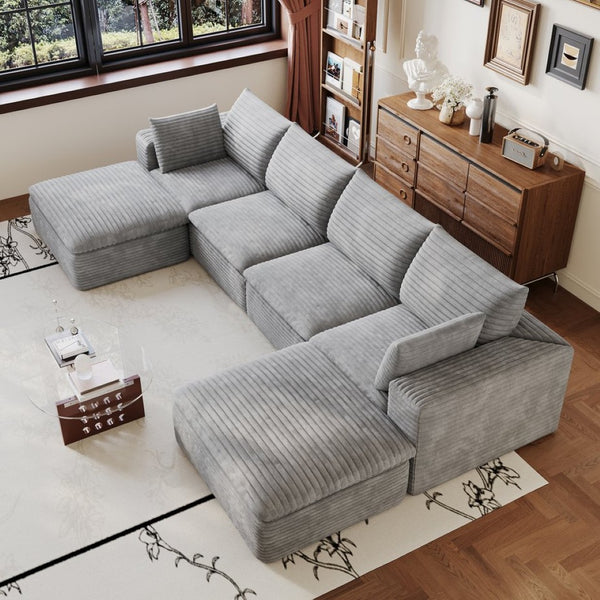 English Elm 134 Inch Modular Cloud Sofa Corduroy Upholstered Deep Seat Sectional for Living Room Grey W2824S00238