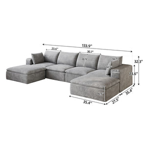English Elm 134 Inch Modular Cloud Sofa Corduroy Upholstered Deep Seat Sectional for Living Room Grey W2824S00238