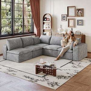 English Elm 99*103 Modular Cloud Sofa Corduroy Upholstered Deep Seat Frameless Lounge for Living Room Grey W2824S00239