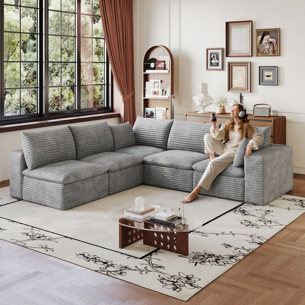 English Elm 99*103 Modular Cloud Sofa Corduroy Upholstered Deep Seat Frameless Lounge for Living Room Grey W2824S00239
