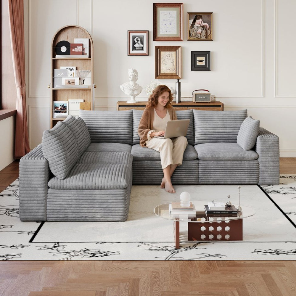 English Elm 99*103 Modular Cloud Sofa Corduroy Upholstered Deep Seat Frameless Lounge for Living Room Grey W2824S00239