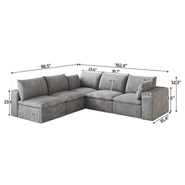 English Elm 99*103 Modular Cloud Sofa Corduroy Upholstered Deep Seat Frameless Lounge for Living Room Grey W2824S00239