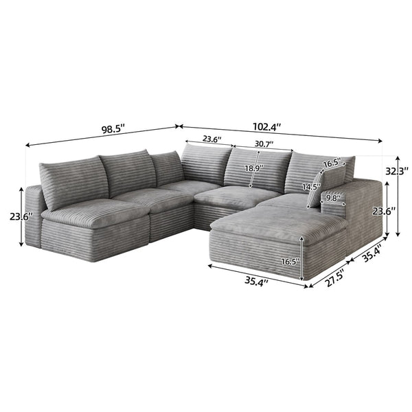 English Elm 99*103 Oversized Modular Cloud Sofa Corduroy Upholstered Deep Seat Living Room Couch Grey W2824S00240