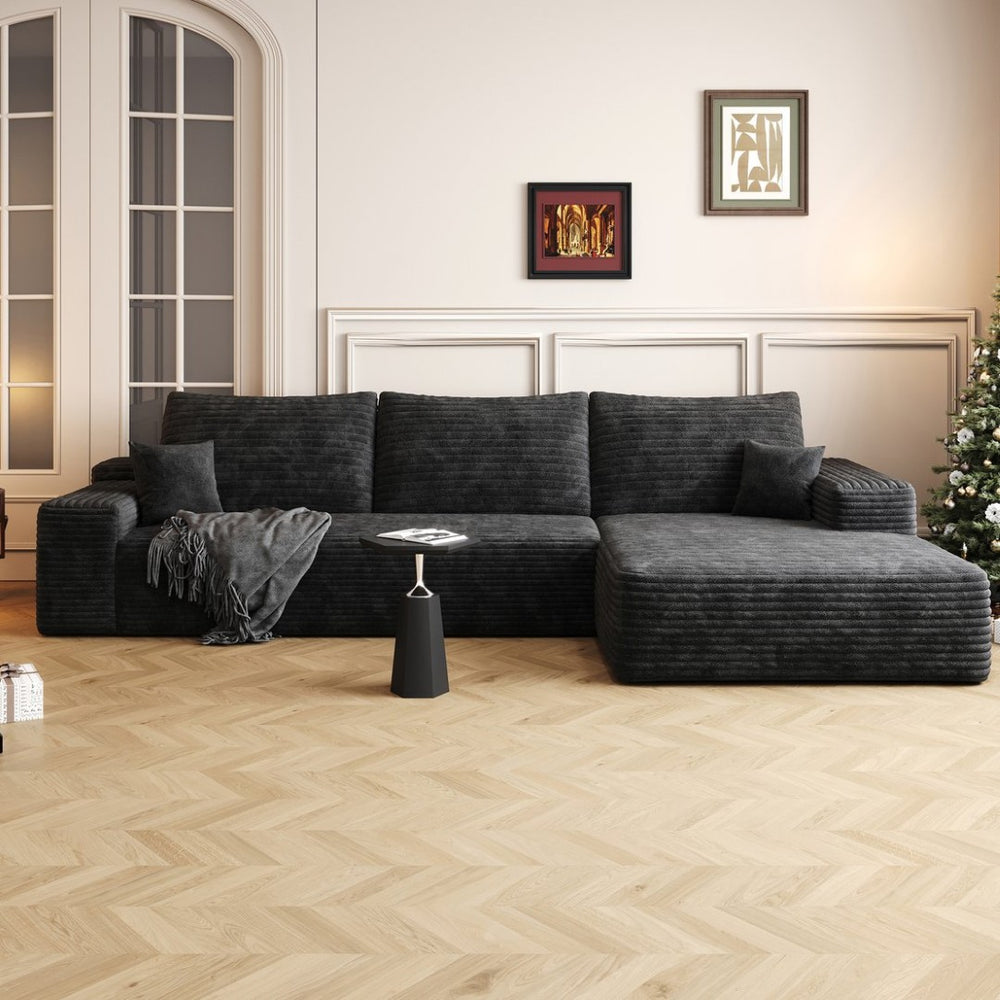 English Elm 107 Inch Modular L-Shaped Sectional Sofa in Deep Seat Plush Corduroy for Living Room Black W2824S00242