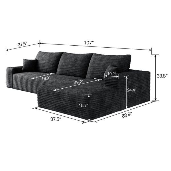 English Elm 107 Inch Modular L-Shaped Sectional Sofa in Deep Seat Plush Corduroy for Living Room Black W2824S00242