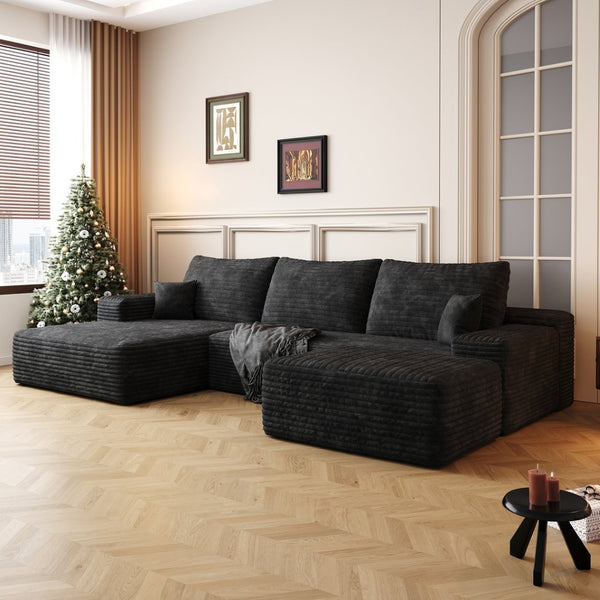 English Elm 107Cloud U-Shaped Sectional Sofa Plush Corduroy Deep Seat Modular Living Room Black W2824S00243