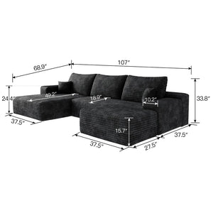 English Elm 107Cloud U-Shaped Sectional Sofa Plush Corduroy Deep Seat Modular Living Room Black W2824S00243