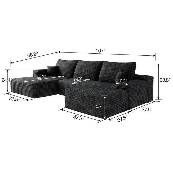 English Elm 107Cloud U-Shaped Sectional Sofa Plush Corduroy Deep Seat Modular Living Room Black W2824S00243