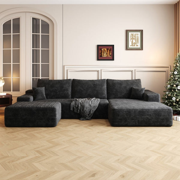 English Elm 107 Inch U Shaped Cloud Sectional Sofa with Ottoman Plush Corduroy Deep Seat Couch Black W2824S00244