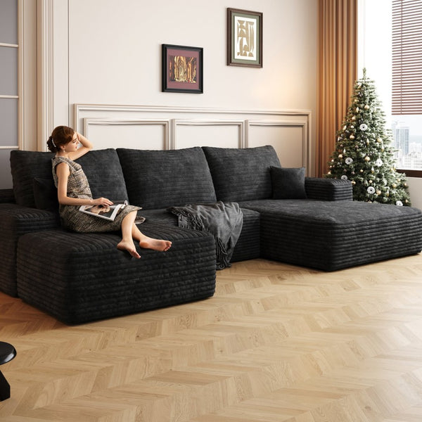 English Elm 107 Inch U Shaped Cloud Sectional Sofa with Ottoman Plush Corduroy Deep Seat Couch Black W2824S00244