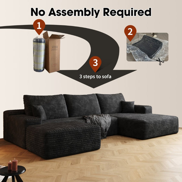 English Elm 107 Inch U Shaped Cloud Sectional Sofa with Ottoman Plush Corduroy Deep Seat Couch Black W2824S00244