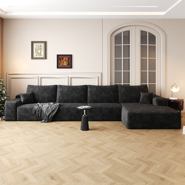 English Elm 135 Inch L Shaped Modular Sectional Sofa Plush Corduroy Deep Seat Living Room Couch Black W2824S00246