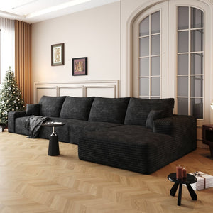 English Elm 135 Inch L Shaped Modular Sectional Sofa Plush Corduroy Deep Seat Living Room Couch Black W2824S00246