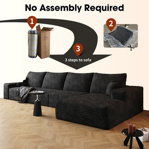 English Elm 135 Inch L Shaped Modular Sectional Sofa Plush Corduroy Deep Seat Living Room Couch Black W2824S00246