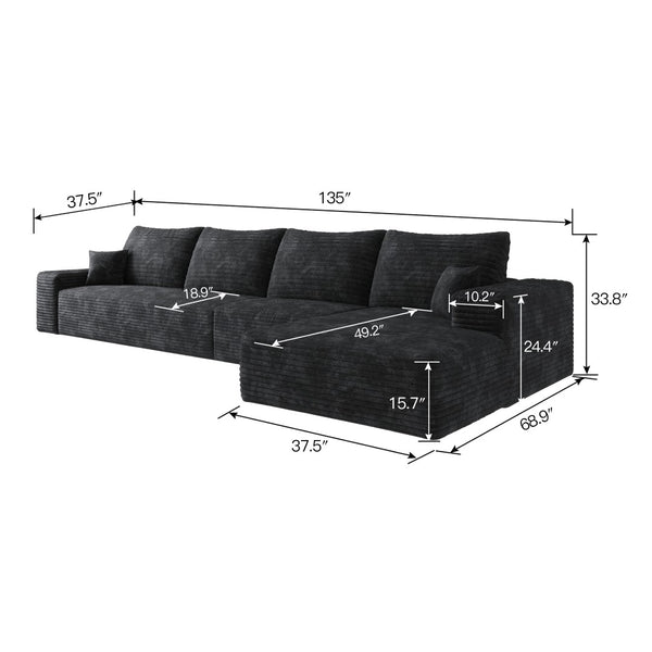 English Elm 135 Inch L Shaped Modular Sectional Sofa Plush Corduroy Deep Seat Living Room Couch Black W2824S00246