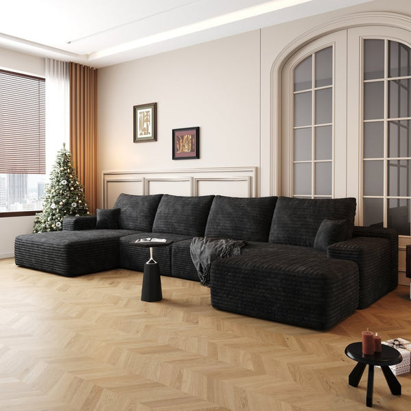 English Elm 135 Inch U Shaped Cloud Sectional with Ottoman Plush Corduroy Deep Seat Lounge Sofa Black - A W2824S00247