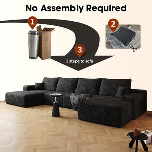 English Elm 135 Inch U Shaped Cloud Sectional with Ottoman Plush Corduroy Deep Seat Lounge Sofa Black - A W2824S00247