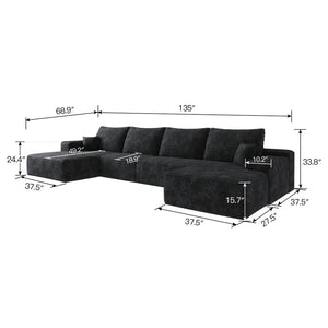 English Elm 135 Inch U Shaped Cloud Sectional with Ottoman Plush Corduroy Deep Seat Lounge Sofa Black - A W2824S00247