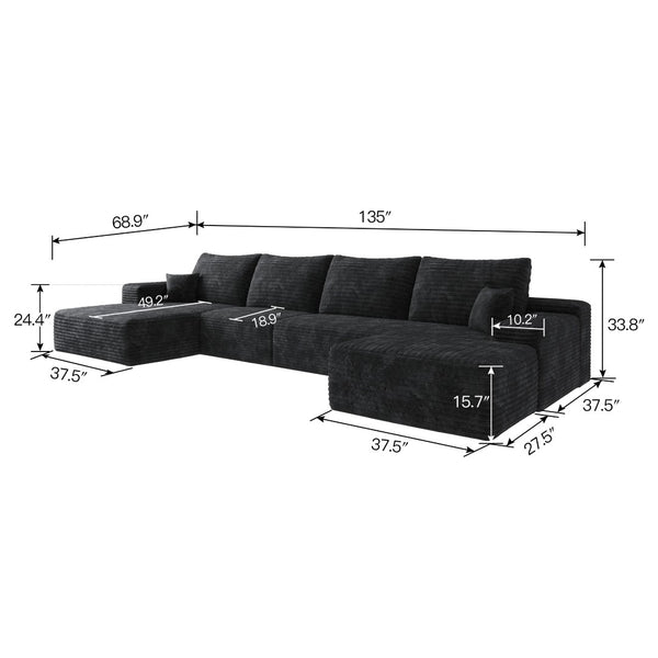 English Elm 135 Inch U Shaped Cloud Sectional with Ottoman Plush Corduroy Deep Seat Lounge Sofa Black - A W2824S00247
