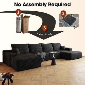 English Elm 135 Inch U Shaped Cloud Sectional with Ottoman Plush Corduroy Deep Seat Lounge Sofa Black - B W2824S00248