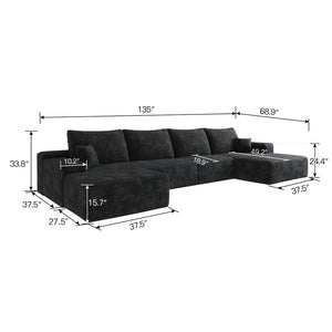 English Elm 135 Inch U Shaped Cloud Sectional with Ottoman Plush Corduroy Deep Seat Lounge Sofa Black - B W2824S00248
