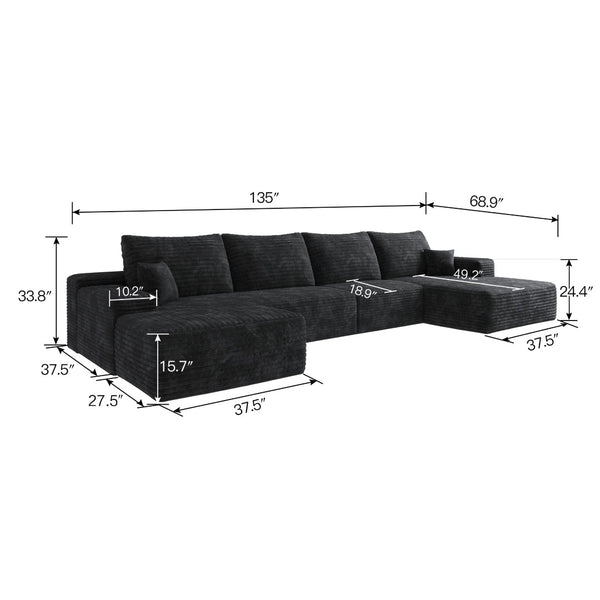 English Elm 135 Inch U Shaped Cloud Sectional with Ottoman Plush Corduroy Deep Seat Lounge Sofa Black - B W2824S00248