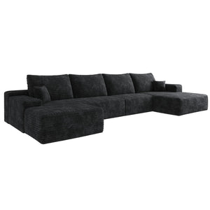 English Elm 135 Inch U Shaped Cloud Sectional with Ottoman Plush Corduroy Deep Seat Lounge Sofa Black - B W2824S00248