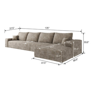 English Elm 107 Inch Modular L-Shaped Sectional Sofa in Deep Seat Plush Corduroy for Living Room Camel W2824S00250