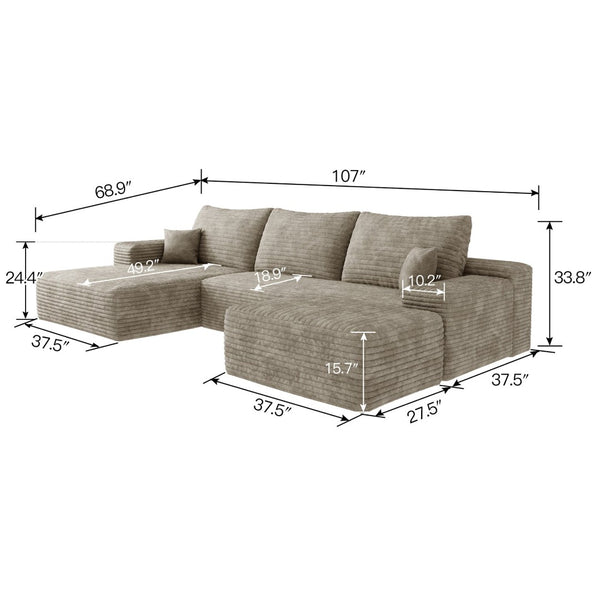 English Elm 107Cloud U-Shaped Sectional Sofa Plush Corduroy Deep Seat Modular Living Room Camel W2824S00251