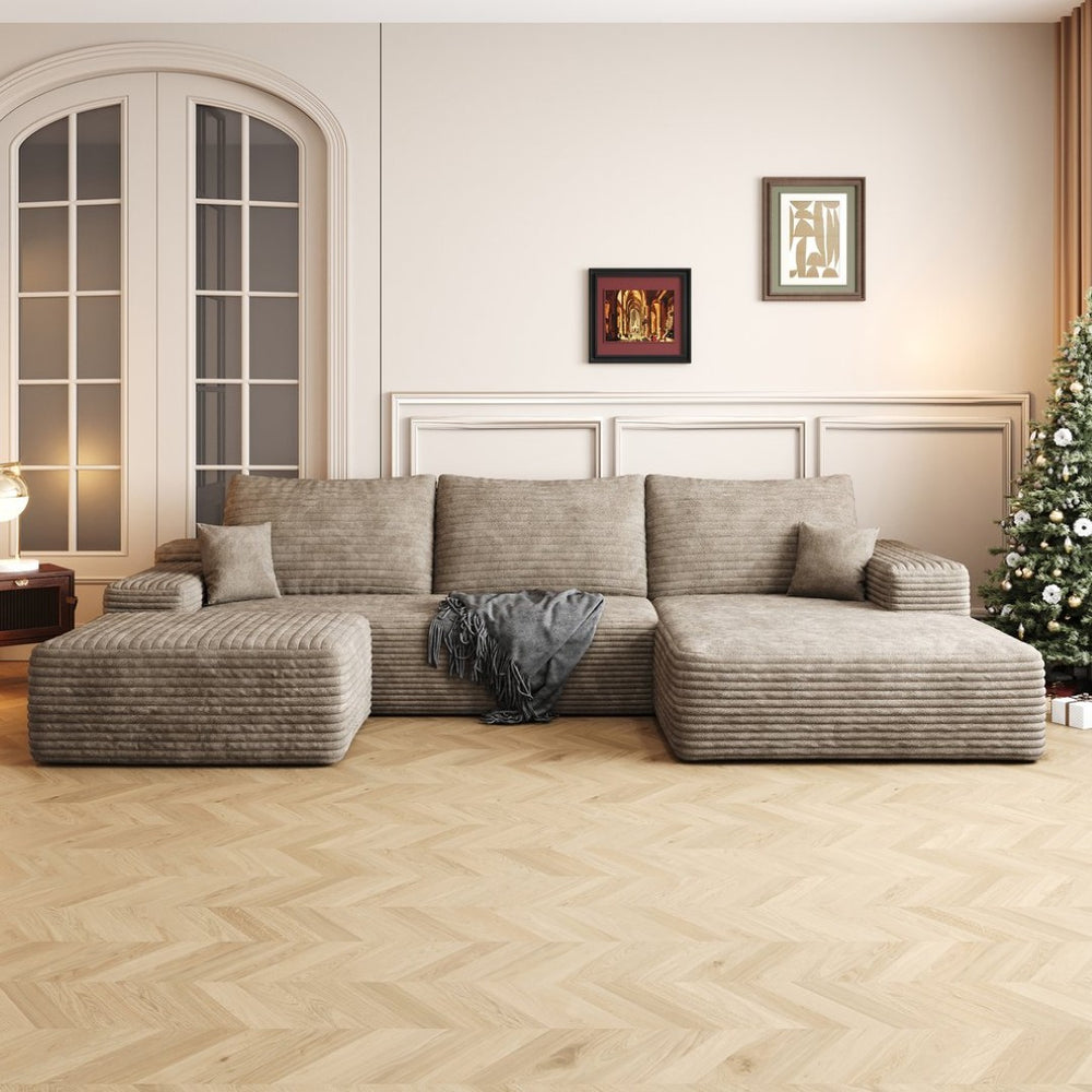 English Elm 107 Inch U Shaped Corduroy Cloud Sectional with Ottoman Deep Seat Modern Living Room Couch W2824S00252
