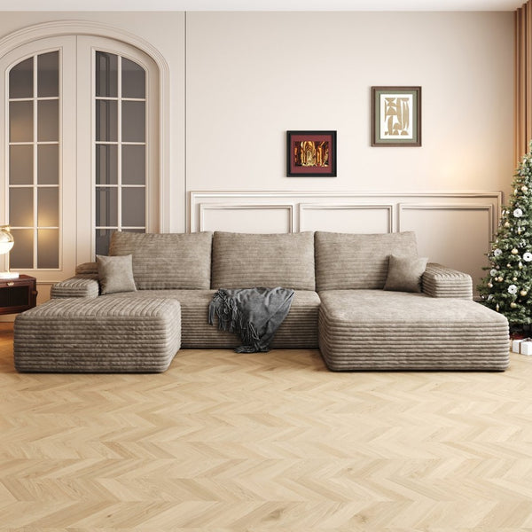 English Elm 107 Inch U Shaped Corduroy Cloud Sectional with Ottoman Deep Seat Modern Living Room Couch W2824S00252