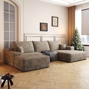 English Elm 107 Inch U Shaped Corduroy Cloud Sectional with Ottoman Deep Seat Modern Living Room Couch W2824S00252