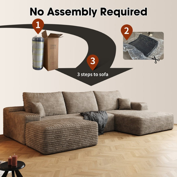 English Elm 107 Inch U Shaped Corduroy Cloud Sectional with Ottoman Deep Seat Modern Living Room Couch W2824S00252