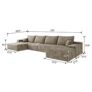 English Elm 135 Inch U Shaped Cloud Sectional with Ottoman Plush Corduroy Deep Seat Lounge Sofa Camel - A W2824S00255