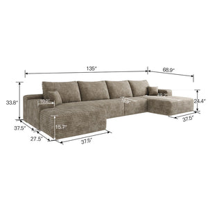 English Elm 135 Inch U Shaped Cloud Sectional with Ottoman Plush Corduroy Deep Seat Lounge Sofa Camel - B W2824S00256