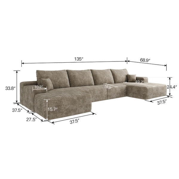 English Elm 135 Inch U Shaped Cloud Sectional with Ottoman Plush Corduroy Deep Seat Lounge Sofa Camel - B W2824S00256