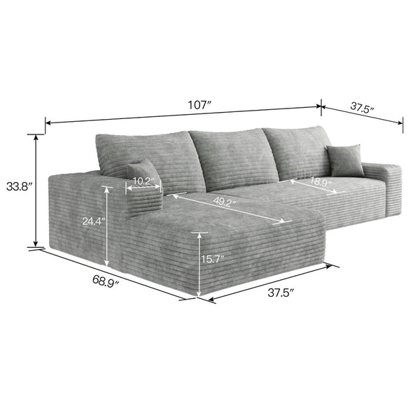 English Elm 107 Inch Modular L-Shaped Sectional Sofa in Deep Seat Plush Corduroy for Living Room Grey - A W2824S00257