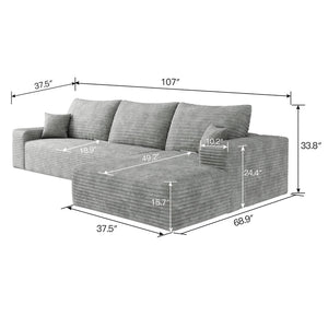 English Elm 107 Inch Modular L-Shaped Sectional Sofa in Deep Seat Plush Corduroy for Living Room Grey - B W2824S00258
