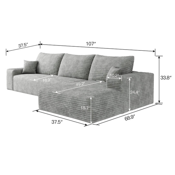 English Elm 107 Inch Modular L-Shaped Sectional Sofa in Deep Seat Plush Corduroy for Living Room Grey - B W2824S00258